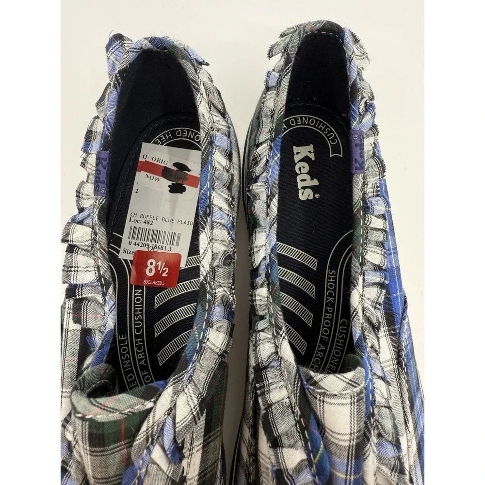 Keds Women's Blue Ruffle Plaid Champion Shoes Slip On Sz 8.5 NIB